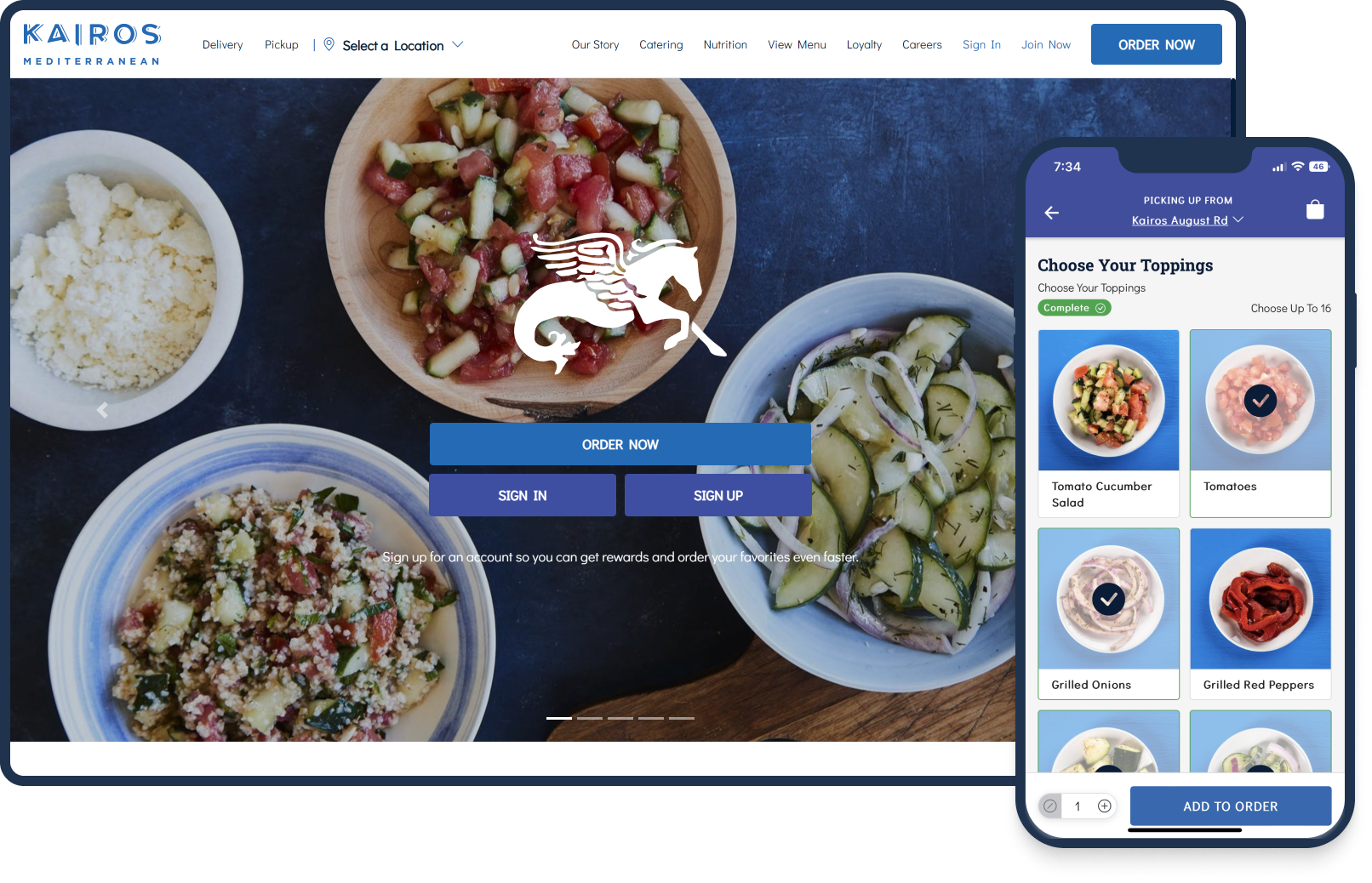 DineEngine and Kairos Mediterranean online ordering for web and mobile app