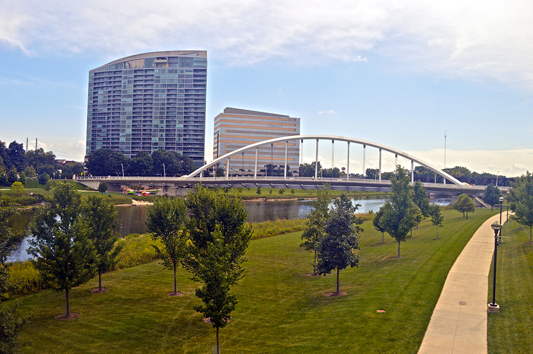 View of the Scioto Mile with river and Miranova, Columbus Food Truck Festival