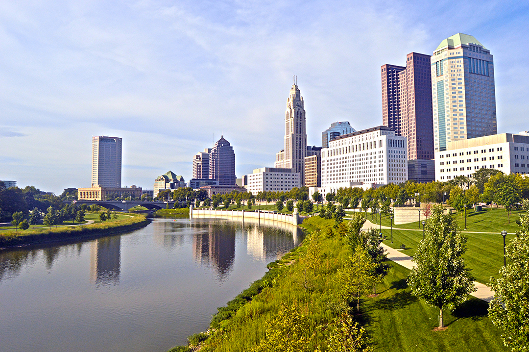 Columbus cityscape with river & trailways, Columbus Food Truck Festival