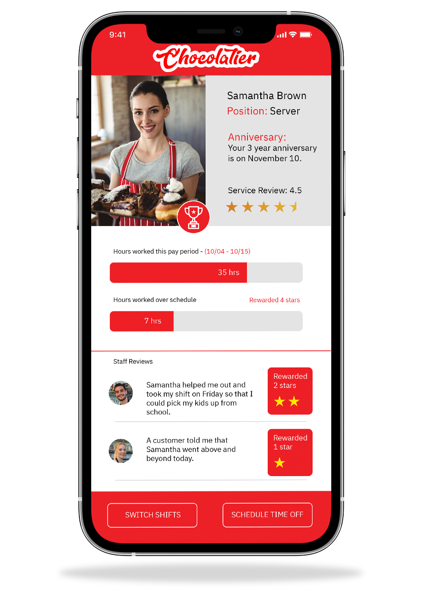 Phone showing employee retention bakery app