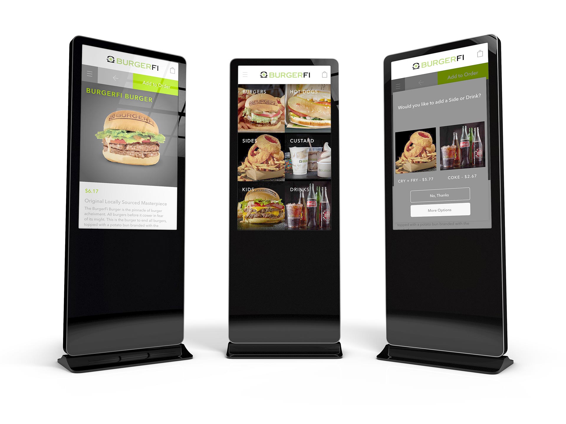 Three kiosks displaying kiosk apps