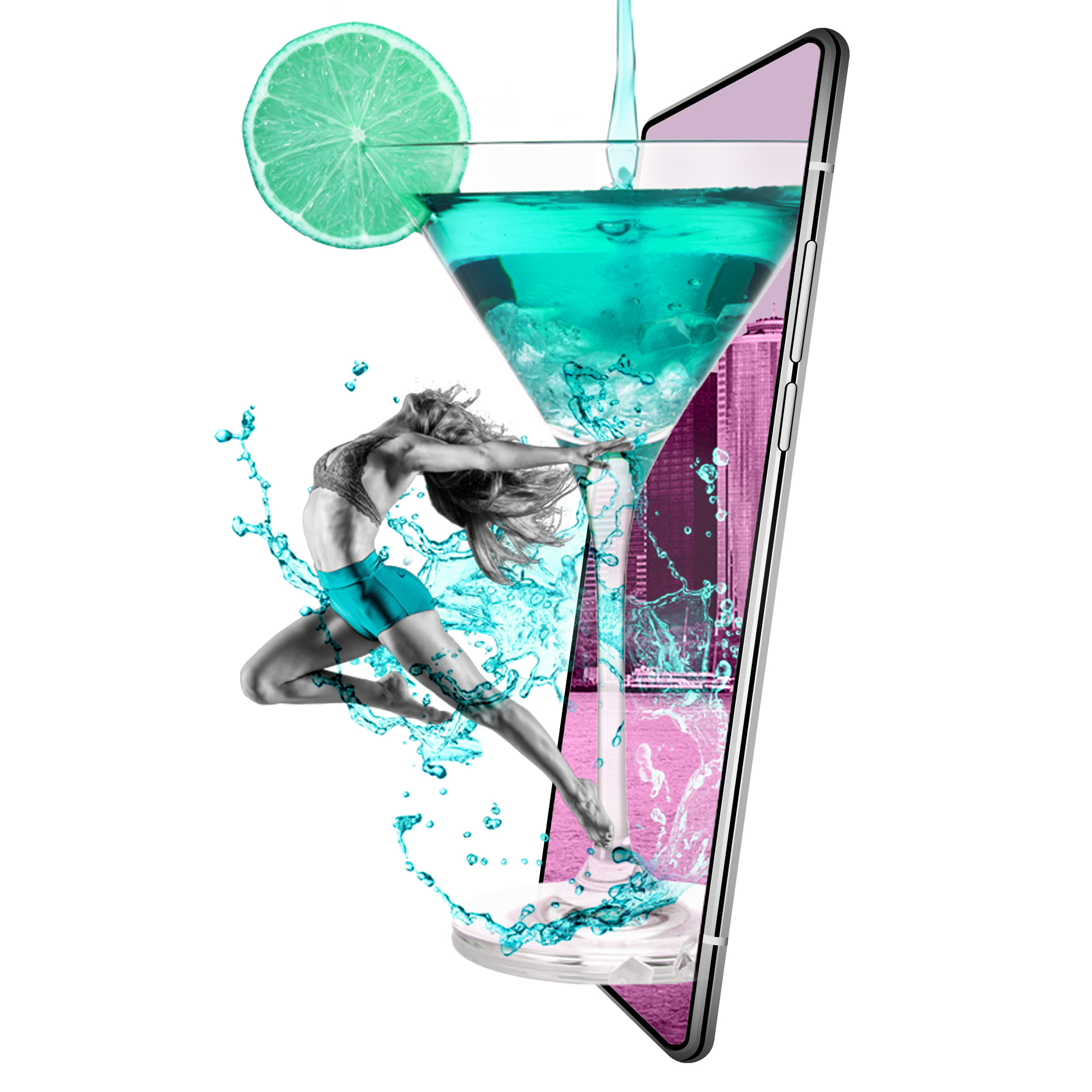 Girl jumping out of a phone with martini glass